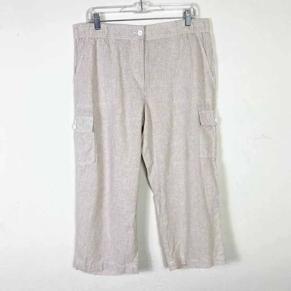 Talbots Tan & White Striped Linen Blend Cropped Ankle Cargo Pants Size 12